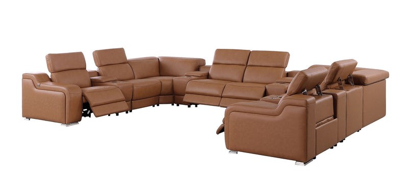 Italian Leather Power Reclining U Shaped Twelve Piece Corner Sectional With Console - Chestnut