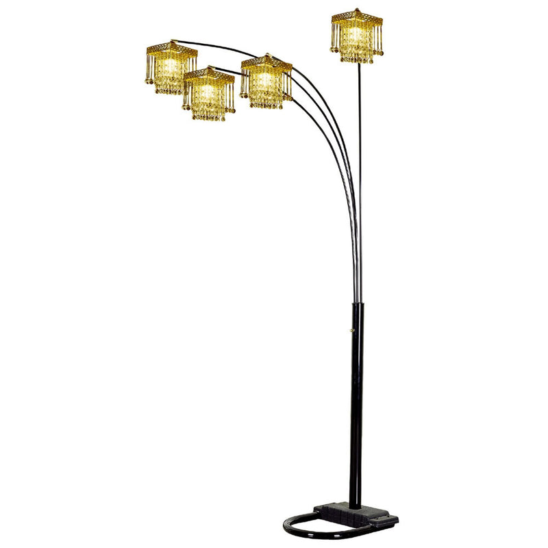 Four Light Arc Floor Lamp With Clear Crystal Glass Chandelier Shade - Black