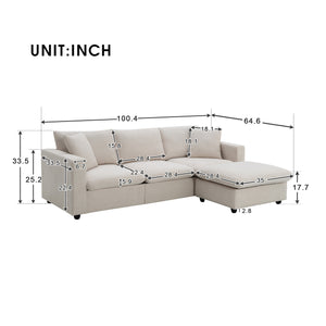 [VIDEO provided] [New] 100.4*64.6" Modern Sectional Sofa,L-shaped Couch Set with 2 Free pillows,4-seat Polyester Fabric Couch Set with Convertible Ottoman for Living Room, Apartment, Office,4 Colors