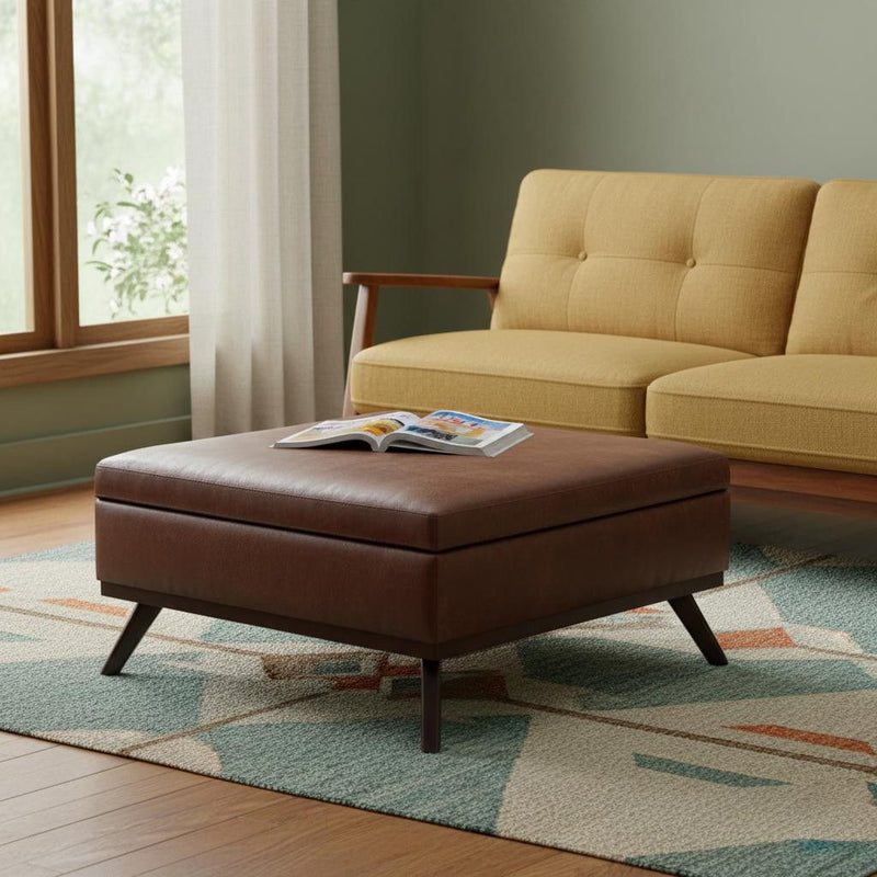 36" Mid-Century Leather Cocktail Ottoman With Storage - Brown