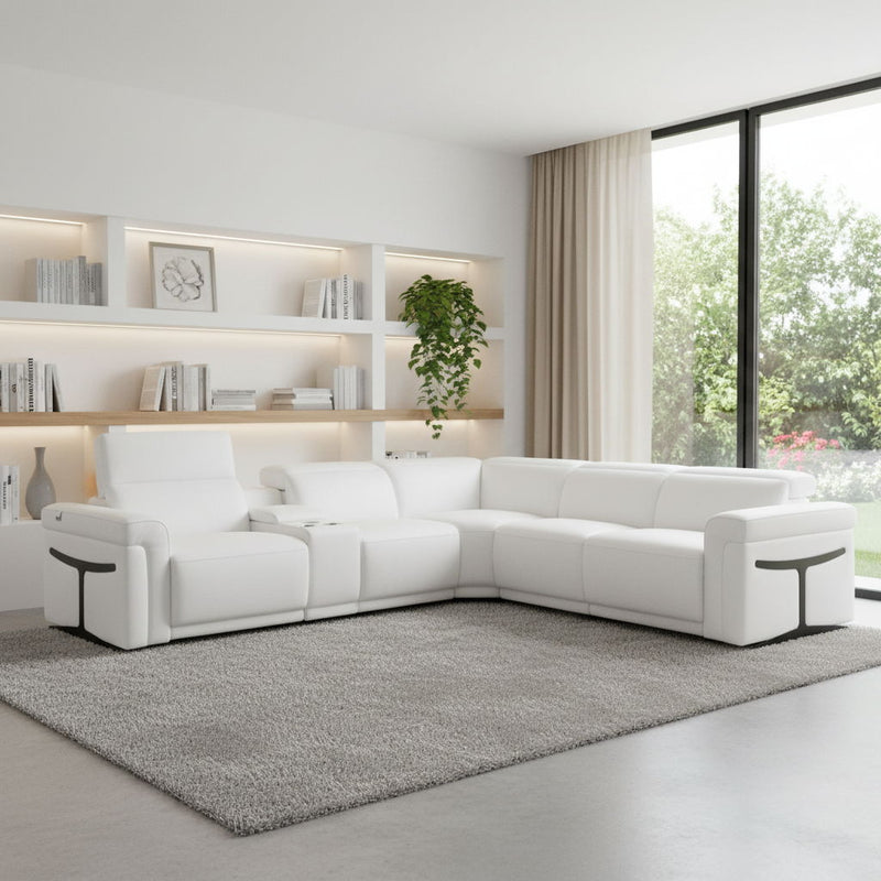 Italian Leather Modular L Shaped Six Piece Corner Sectional With Console - White