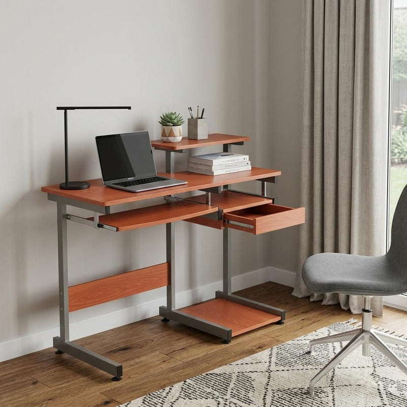 Stainless T-Shape Computer Desk - Oak / Silver