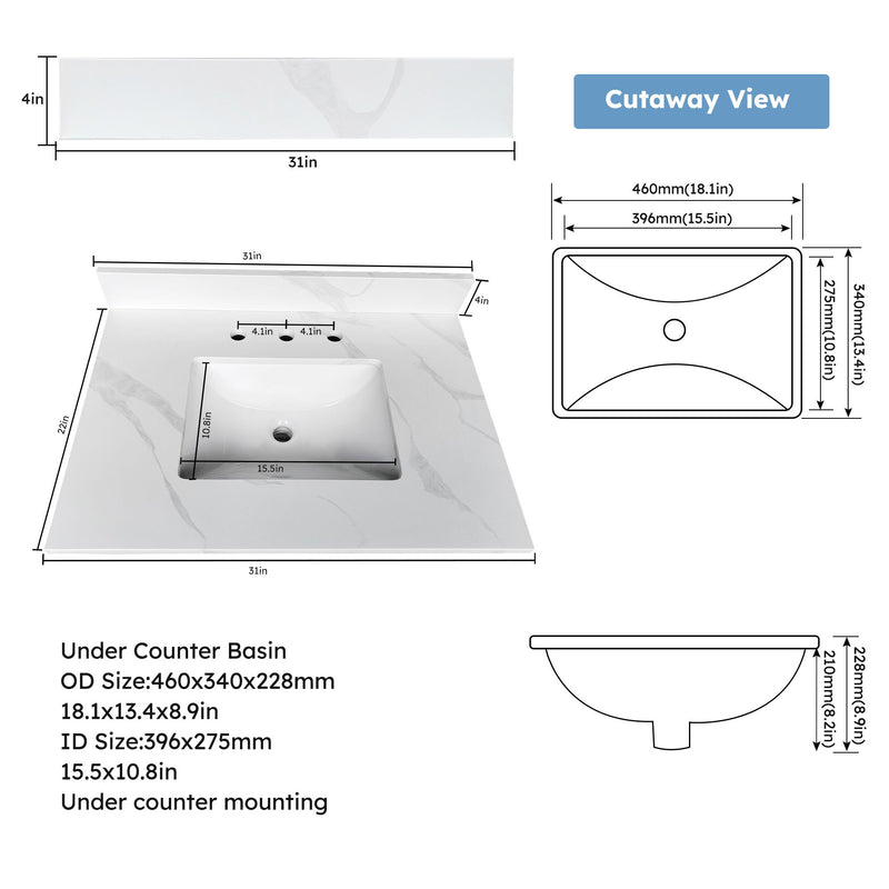 Bathroom Vanity Top With Undermount Sink, 3 Pre Drilled Holes