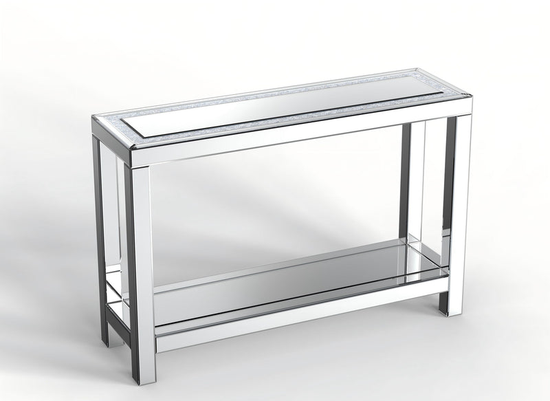 47" Mirro Glass And Faux Crystals Console Table With Shelf - Silver