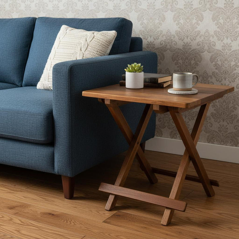 Solid Square Teak Folding Indoor Outdoor End Table - Brown