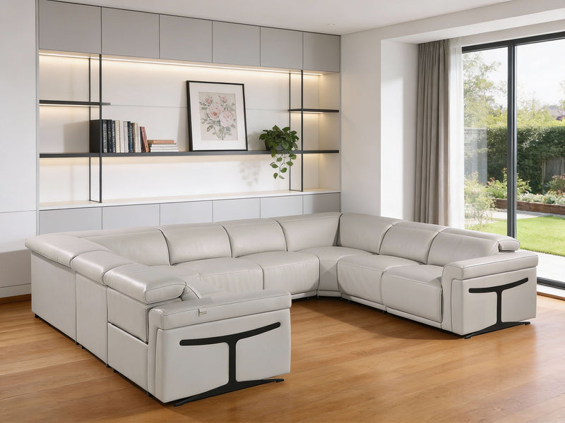 Italian Leather Power Reclining U Shaped Eight Piece Corner Sectional With Console - Light Gray