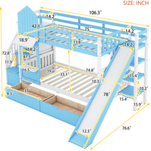 Load image into Gallery viewer, Twin-Over-Twin Castle Style Bunk Bed with 2 Drawers 3 Shelves and Slide - Blue
