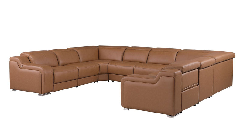 Leather Power Reclining U Shaped Eight Piece Corner Sectional With Console - Chestnut