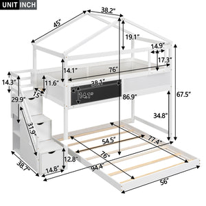 Twin over Full House Bunk Bed with Storage Staircase and Blackboard,White(Old SKU: GX001701AAK)