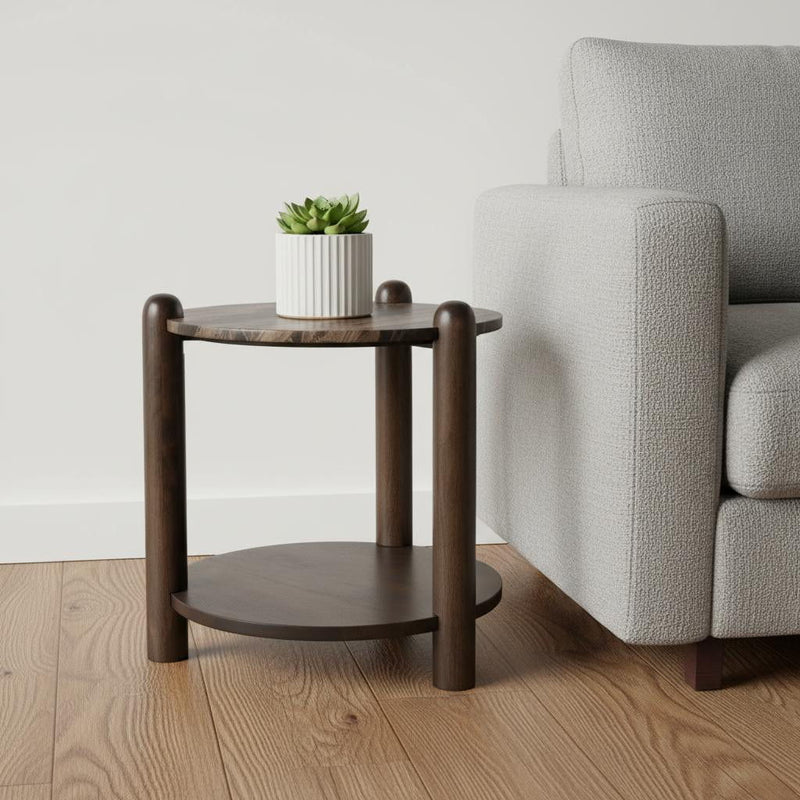Marble Solid Wood End Table With Shelf - Brown