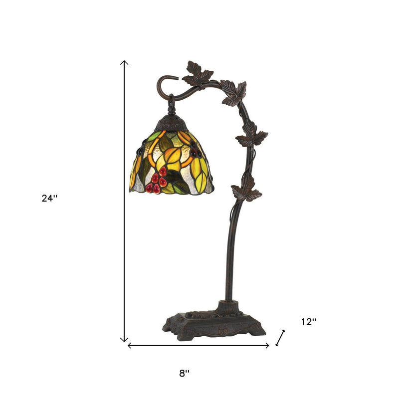 Metal Tiffany Style Table Lamp With Hanging Stained Glass Shade - Bronze