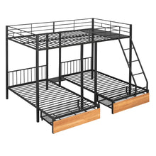 Load image into Gallery viewer, Full Over Twin &amp; Twin Bunk Bed, Metal Triple Bunk Bed with Drawers and Guardrails, Black
