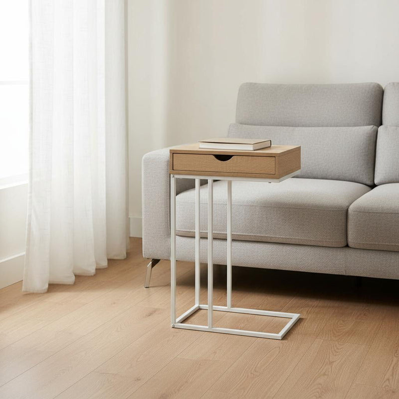 Laminate And Iron End Table With Drawer - Natural And White