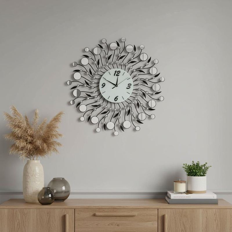 Mirrored Silent Analog Round Wall Clock - Silver / Black / White