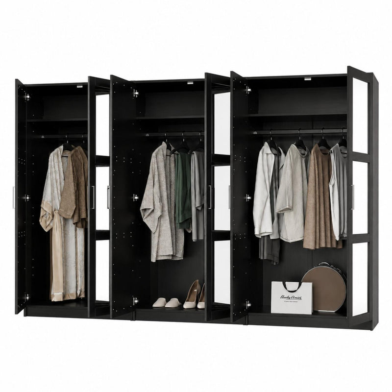 Solid Wood Mirrored Six Door Combo Dresser (765122) - Black