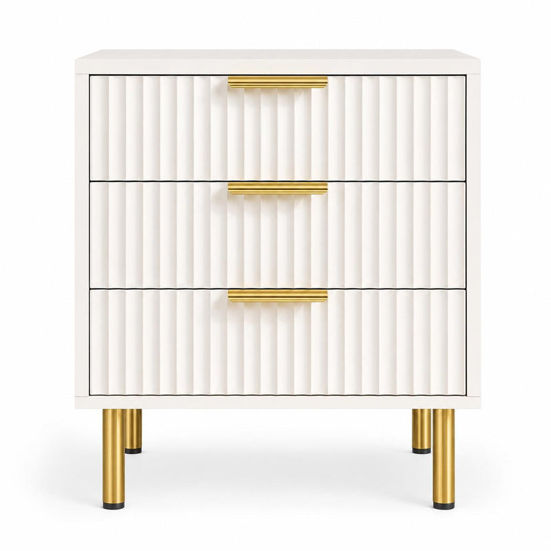 Wood Ribbed Texture Three Drawer Nightstand - White