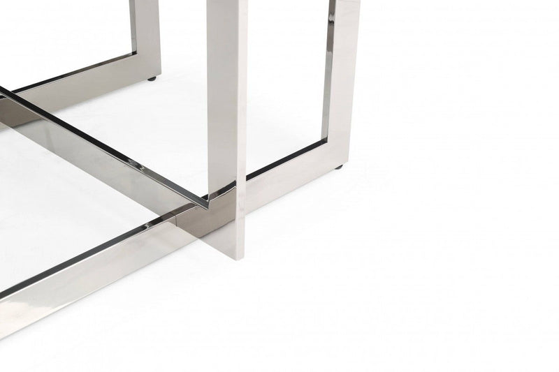 59" Square Glass And Stainless Steel Pedestal Base Dining Table - Clear
