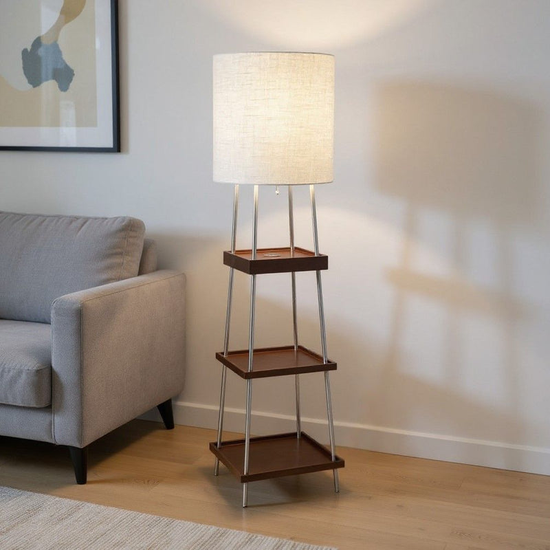 Column Floor Lamp With Drum Shade - Brown White