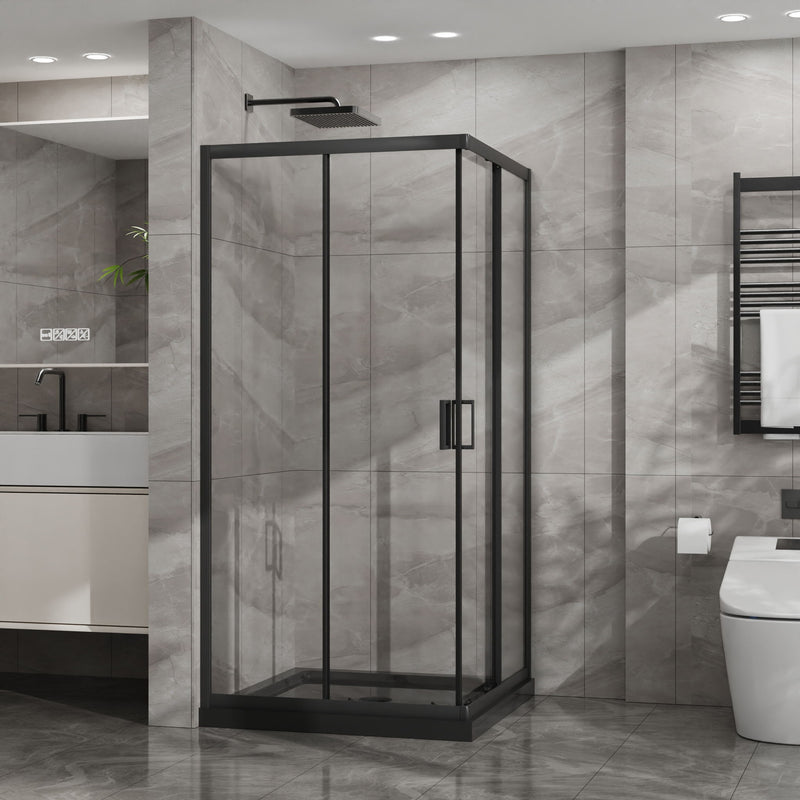 Corner Shower Enclosure, Double Sliding Door With Shower Base - Matte Black