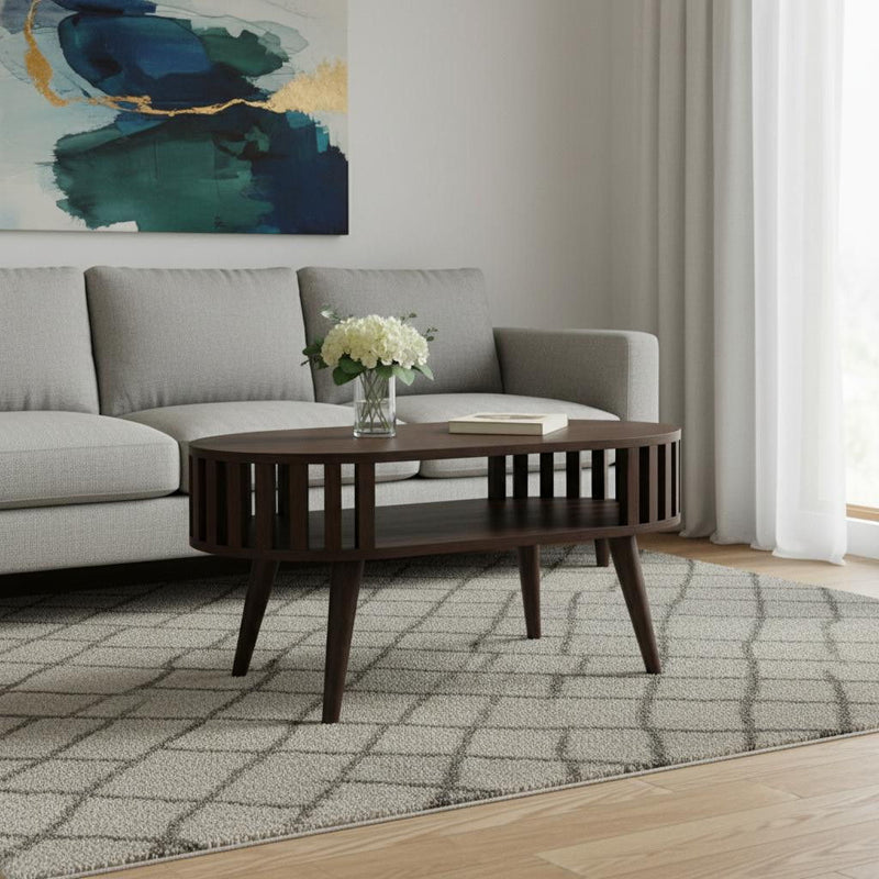 Solid Wood Oval Coffee Table With Shelf - Walnut