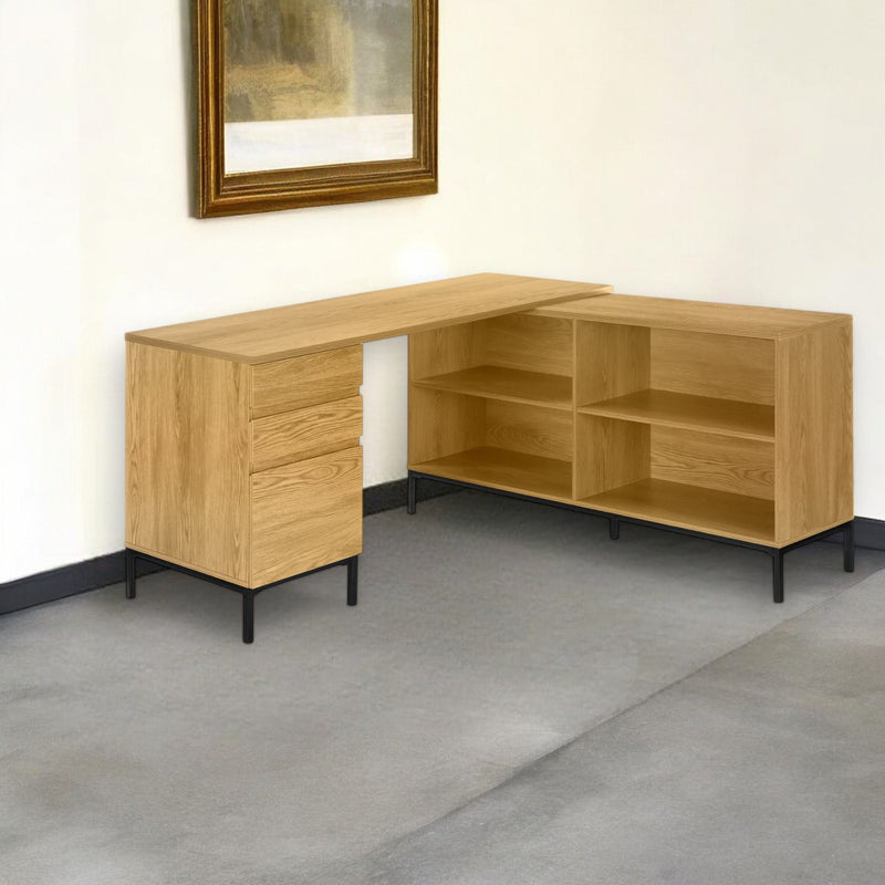 60" L Shape Computer Desk With Three Drawers - Light Brown And Black