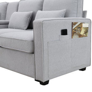 [VIDEO provided] [New] 114.2" Upholstered Sofa with Console, 2 Cupholders and 2 USB Ports Wired or Wirelessly Charged, Modern Linen Fabric Couches with 4 Pillows for Living Room, Apartment (4-Seat)