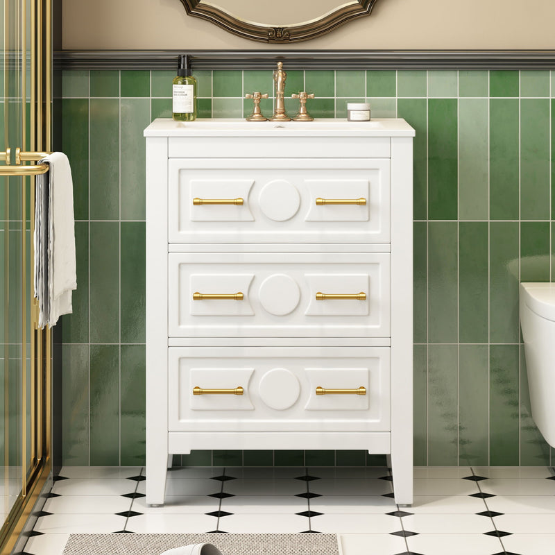 Bathroom Vanity With Sink, Free Standing Single Set, 3 Drawer Storage Cabinet