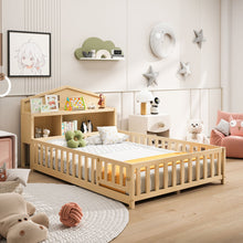 Load image into Gallery viewer, Full Size Montessori Floor Bed With Bookcases And boards, Solid Wood Platform Bed With Guard Rails And Storage Headboards - Natural
