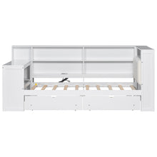 Load image into Gallery viewer, Platform Bed With Upholstered Headboard, Storage Shelves, Drawers, Charging Station, LED Lighting, Built In Desk
