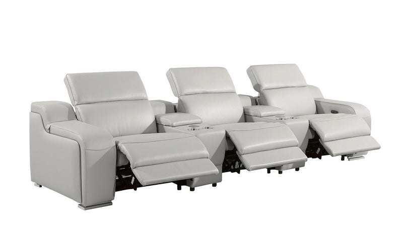 129" Italian Leather Reclining USB Sofa - Light Gray