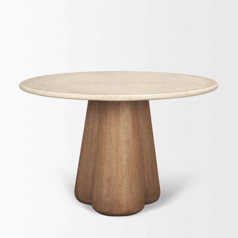 Marble Solid Wood Pedestal Base Round Top Dining Table (727908) - Beige / Brown