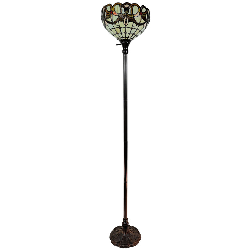 Traditional Shaped Floor Lamp With White And Brown Stained Glass Bowl Shade - Brown