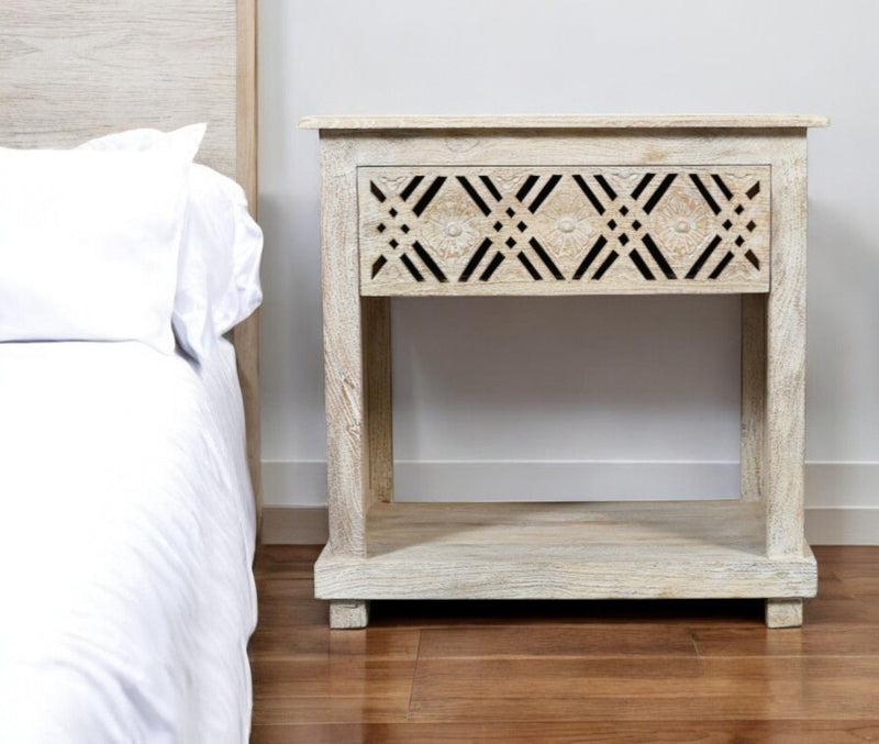 28" Solid Wood Distressed Carved Geometric One Drawer Nightstand - White