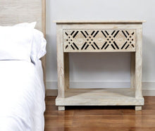 Load image into Gallery viewer, 28" Solid Wood Distressed Carved Geometric One Drawer Nightstand - White
