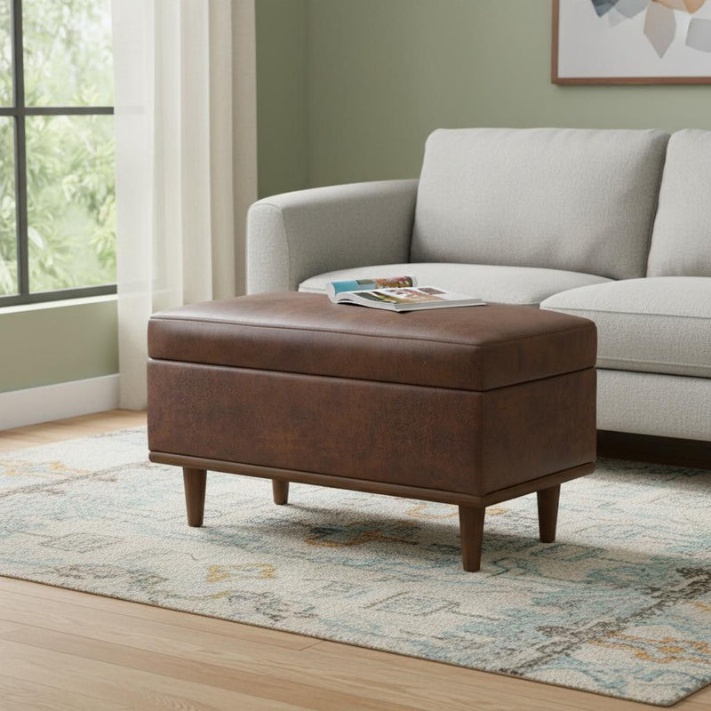 Leather Cocktail Ottoman With Storage - Brown / Walnut