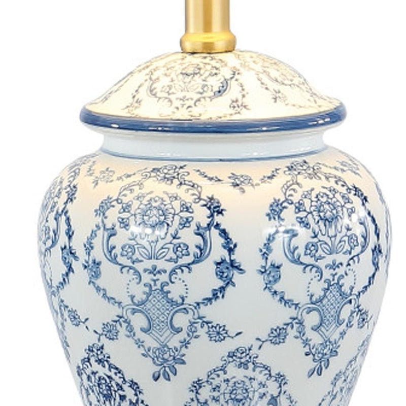 22" Urn Table Lamp With Empire Shade - White / Blue / Gold