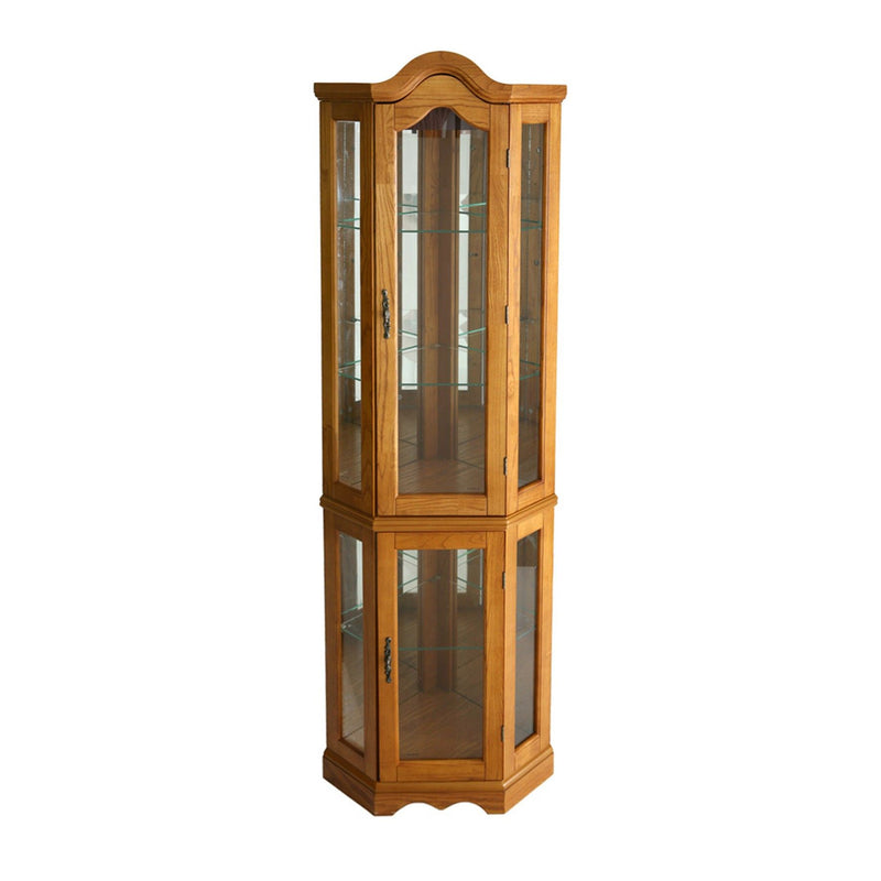 Golden Scallop Top Lighted Corner Curio Cabinet - Brown