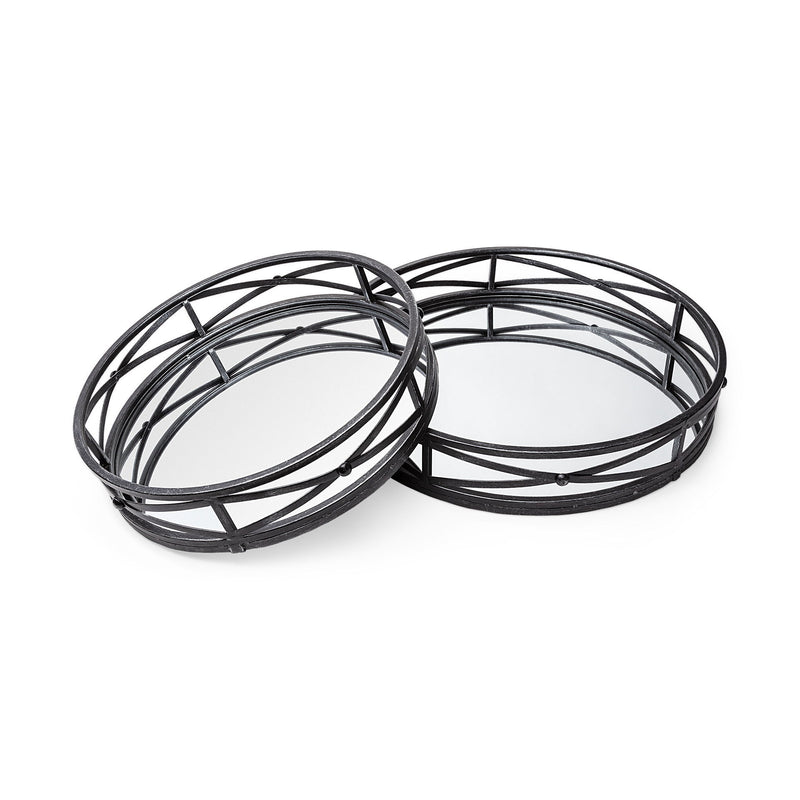 Round Metal And Mirrored Glass Vanity Trays (Set of 2) - Black