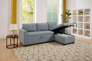 Upholstered Pull Out Sectional Sofa with Storage Chaise, Convertible Corner Couch, Light Grey