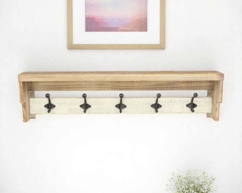 32" Wood Five Hook Wall Mount Coat Rack - Natural