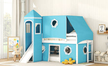 Load image into Gallery viewer, Twin Size Bunk Bed with Slide Blue Tent and Tower - Blue
