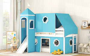 Twin Size Bunk Bed with Slide Blue Tent and Tower - Blue