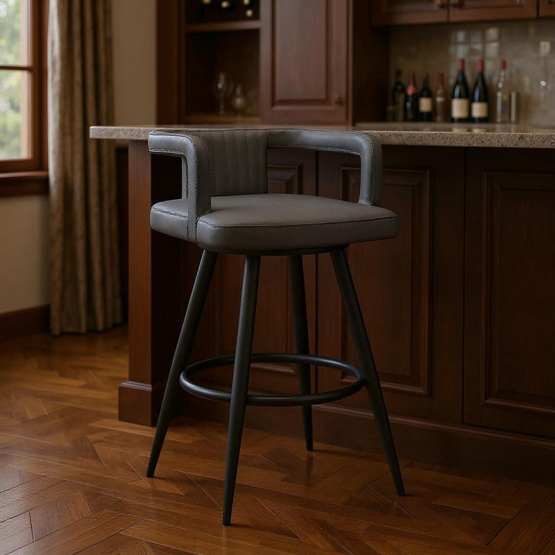 37" Faux Leather Swivel Low Back Bar Height Bar Chair - Gray / Black