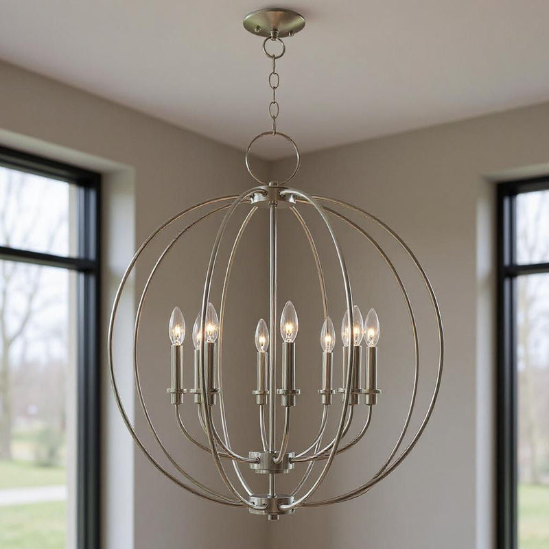 30" Eight Light Dimmable Chandelier With Shades - Nickel