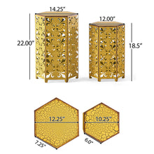 Load image into Gallery viewer, Outdoor Hexagonal Accent Table Set With Charming Fleur De Lis Panel Sides - Antique Yellow
