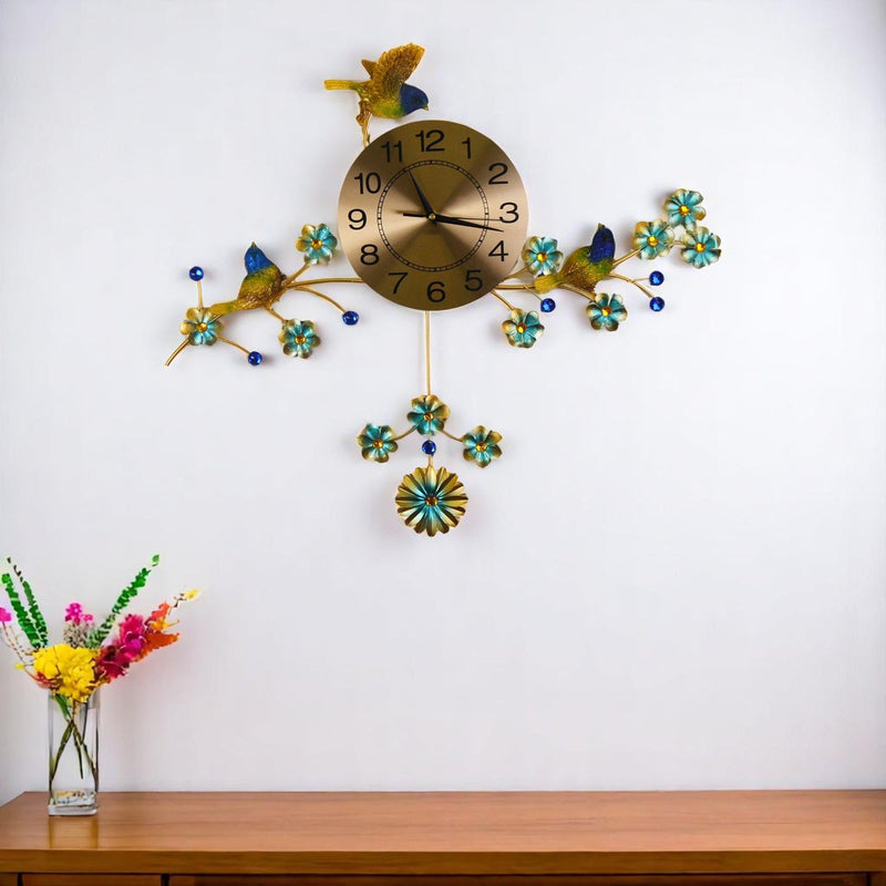Silent Pendulum Floral Wall Clock - Blue / Green / Gold