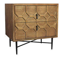 Load image into Gallery viewer, 28" Two Drawer Distressed Carved Geometric Solid Wood Nightstand - Natural
