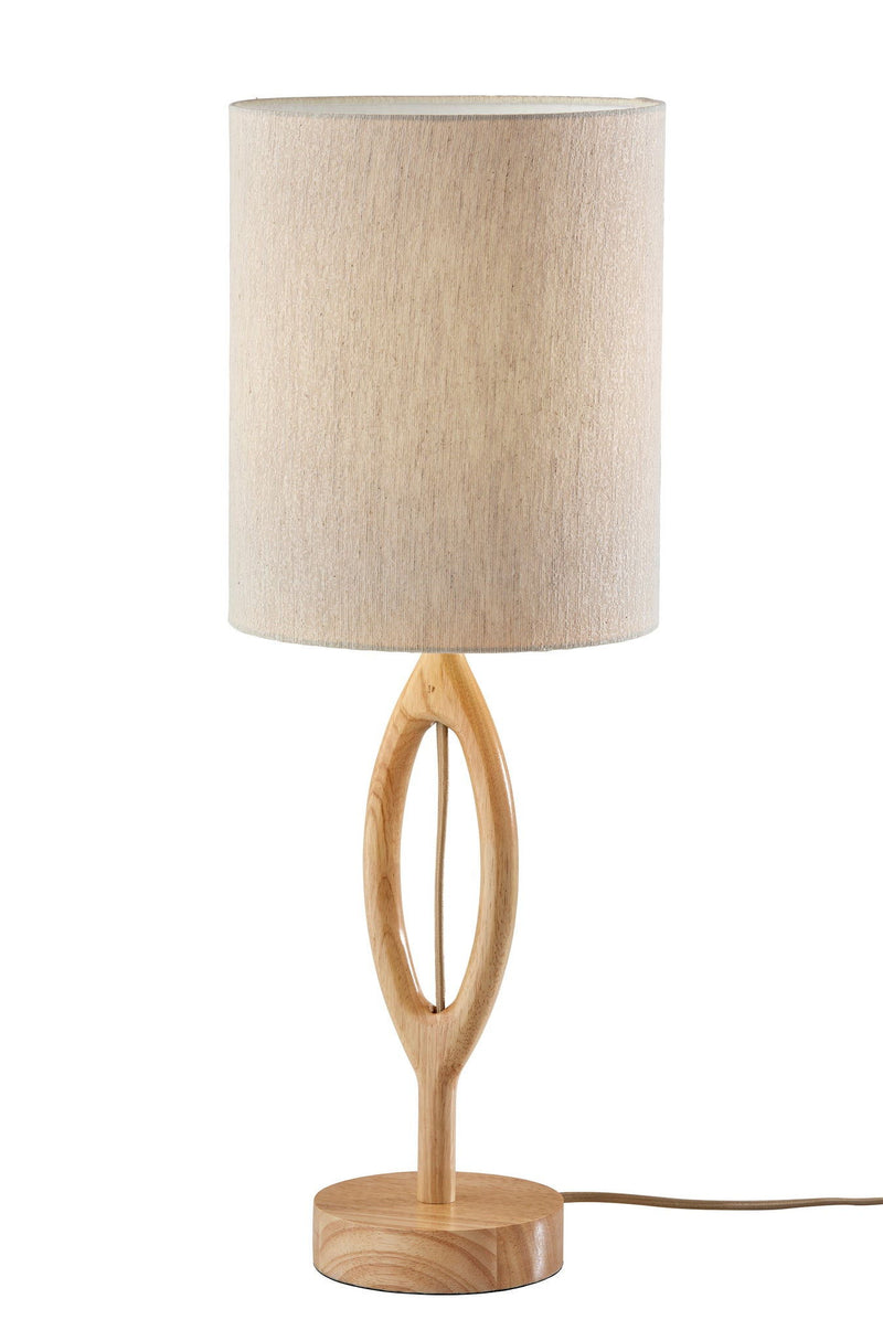 Solid Wood Round Table Lamp With Beige Drum Shade - Natural