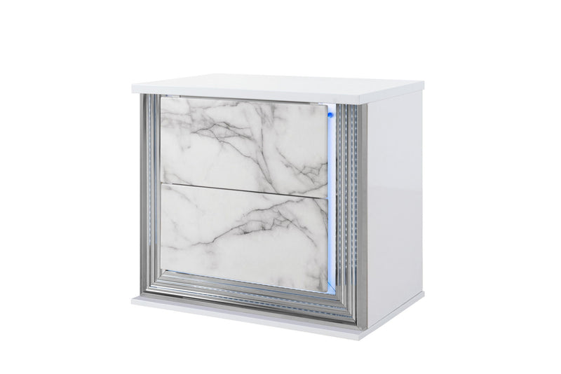 25" Wood Faux Marble Solid And Manufactured Wood Lighted Two Drawer Nightstand With USB Port - White
