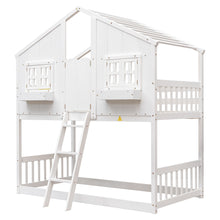 Load image into Gallery viewer, Twin over Twin House Bunk Bed with Roof , Window, Window  Box, Door , with Safety Guardrails and Ladder,White
